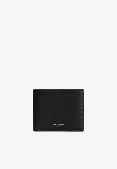 Dolce & Gabbana Stamped Logo Calfskin Bi-fold Wallet In Black