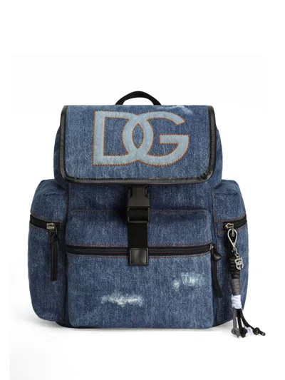 Dolce & Gabbana Kids' Stitched-logo Denim Backpack In Blue