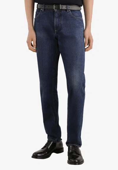 Dolce & Gabbana Straight-leg Jeans With Embroidered-logo In Blue