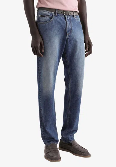 Dolce & Gabbana Straight-leg Jeans With Embroidered-logo In Blue