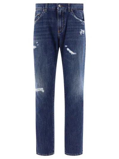 Dolce & Gabbana Straight Leg Jeans With Ripped Details In Blue