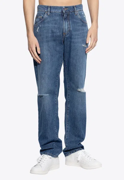Dolce & Gabbana Straight-leg Distressed Jeans In Blue