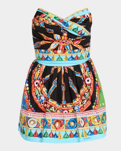 Dolce & Gabbana Strapless Carretto-print Cotton Flare Mini Dress In Variante A