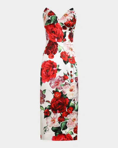 Dolce & Gabbana Strapless Rose Bouquet Satin Midi Dress In White