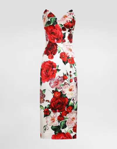 Dolce & Gabbana Strapless Satin Calf-length Dress With Rose Print In Multi
