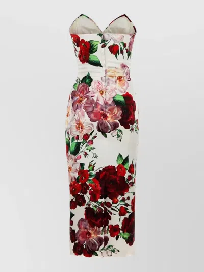 Dolce & Gabbana Strapless Satin Midi Dress Floral Print In Multi