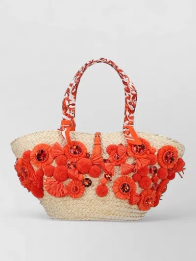 Dolce & Gabbana Straw Beach Tote Floral Accents Wrapped Handles In Orange