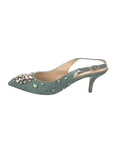 Pre-owned Dolce & Gabbana Straw Crystal Embellishments Slingback Pumps In Green