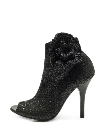 Pre-owned Dolce & Gabbana Straw Floral-appliqué Open-toe Ankle Boots In Black