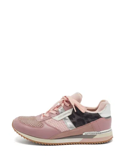 Pre-owned Dolce & Gabbana Straw-panel Leather Sneakers In Pink
