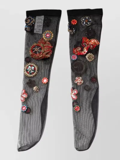 Dolce & Gabbana Stretch Carretto Crystal Knee High Stockings In Gray