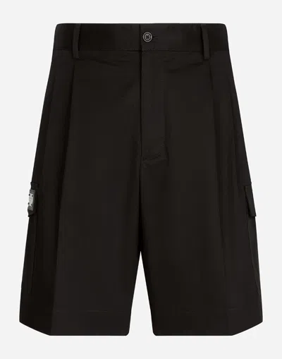 Dolce & Gabbana Stretch Gabardine Cargo Bermuda Shorts With Logo Plaque In Blue