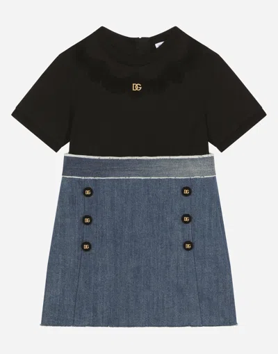 Dolce & Gabbana Stretch Denim And Jersey Dress With Dg Logo In Multicolor