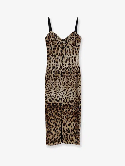 Dolce & Gabbana Stretch Fabric Long Dress With Animal Print In Brown