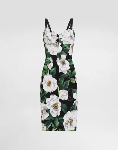 DOLCE & GABBANA STRETCH MARQUISETTE MIDI DRESS WITH GARDENIA PRINT