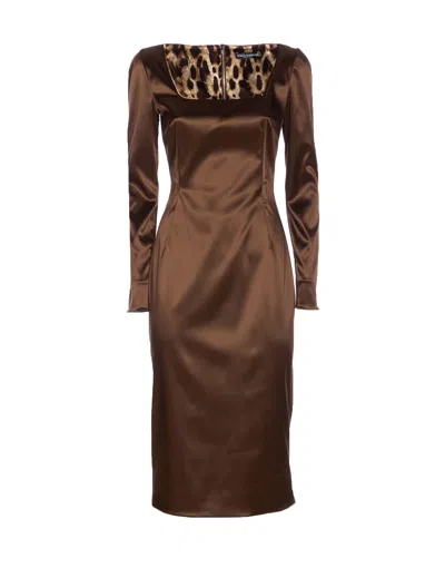 Dolce & Gabbana Stretch Satin Dress In Brown