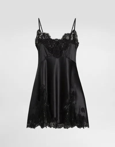 Dolce & Gabbana Lace-trimmed Satin Slip Dress In Black