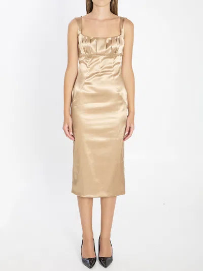Dolce & Gabbana Stretch Satin Midi Dress In Brown