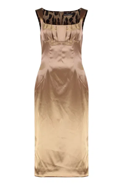Dolce & Gabbana Stretch Satin Long Dress In Brown