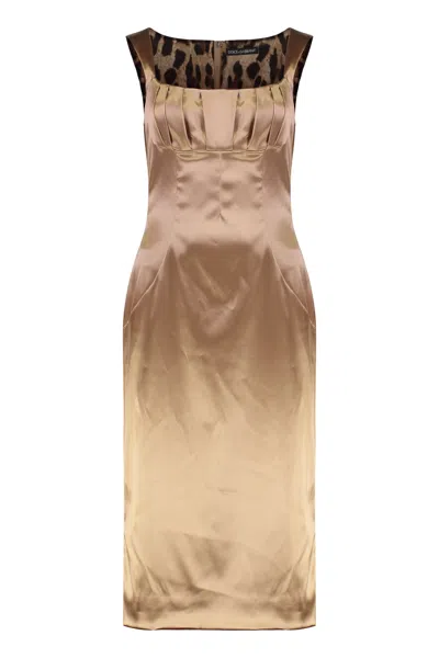 Dolce & Gabbana Stretch Satin Long Dress With Back Slit In Brown