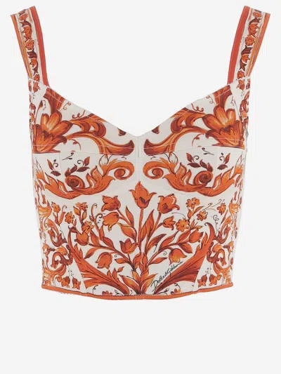 Dolce & Gabbana Stretch Silk Blend Bustier Top With Majolica Print In Multi