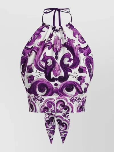 DOLCE & GABBANA STRETCH SILK HALTER NECK GRAPHIC PRINT TOP