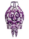 Dolce & Gabbana Stretch Silk Halter Neck Graphic Print Top In Purple