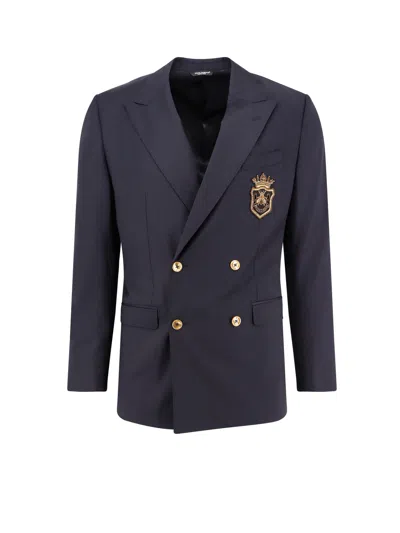 DOLCE & GABBANA STRETCH VIRGIN WOOL BLAZER WITH FRONTAL LOGO PATCH