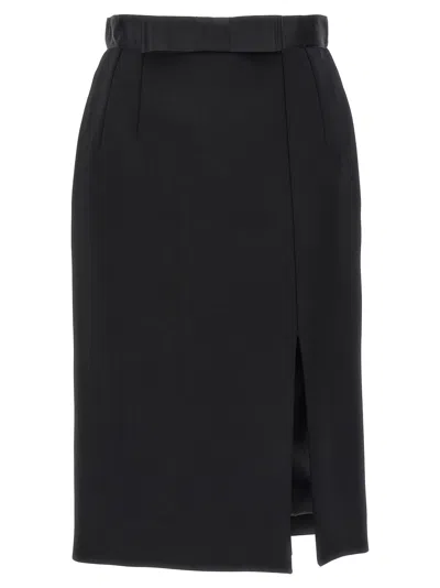 Dolce & Gabbana Stretch Wool With Satin Waist Pencil Skirt In Black