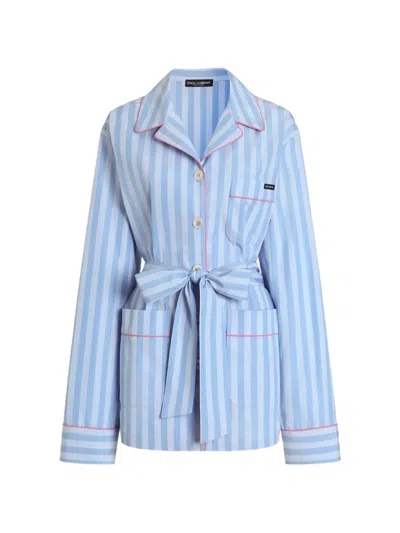 Dolce & Gabbana Striped Belted Jacket In Blue