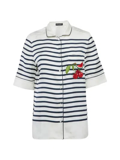 Pre-owned Dolce & Gabbana Striped Cherry-patch Shirt In White