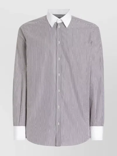 Dolce & Gabbana Striped Cotton Shirt Contrasting Collar In Grey