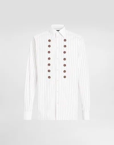 Dolce & Gabbana Striped Cotton Shirt With Bejeweled Details In Multicolor