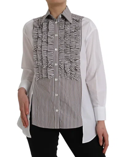 Dolce & Gabbana Striped Cotton With Ruffle Placket Blouse In Gray