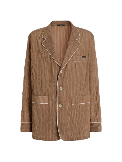 Dolce & Gabbana Striped Crinkle Loungewear Shirt In Brown