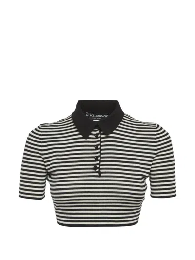 Pre-owned Dolce & Gabbana Striped Cropped Polo Top In Black