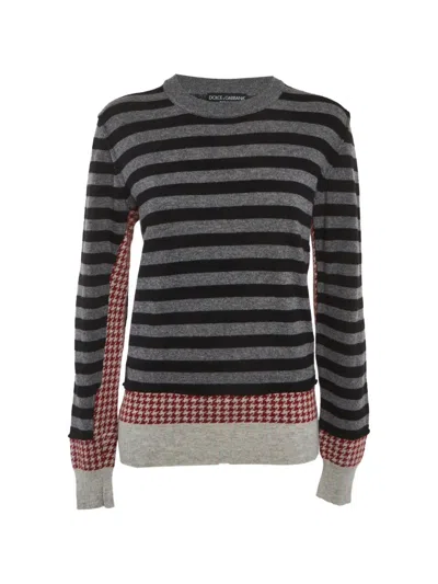Pre-owned Dolce & Gabbana Striped Houndstooth Long-sleeve Sweater In Gray