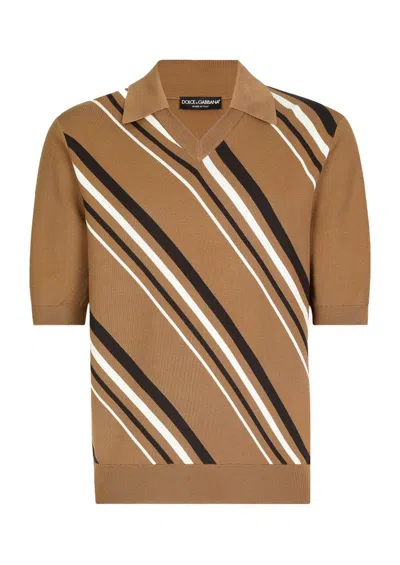 Dolce & Gabbana Striped Inlay Polo Shirt In Brown