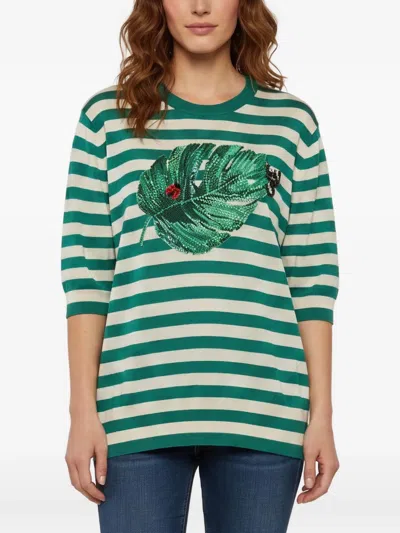 Pre-owned Dolce & Gabbana Striped Leaf-embroidered Knit Top In Green