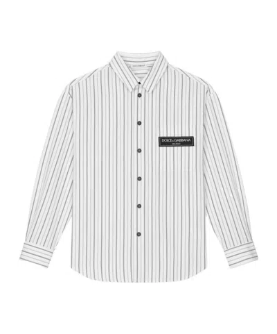Dolce & Gabbana Striped Linen Shirt With Branded Label In White