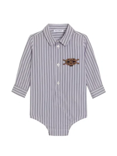 Dolce & Gabbana Babies' Striped Poplin Bodysuit With Patch In Blue