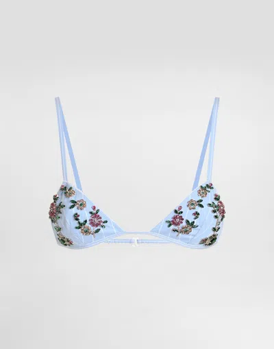 Dolce & Gabbana Striped Poplin Bra With Embroidery In Blue