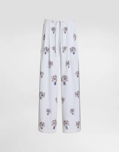 Dolce & Gabbana Striped Poplin Trousers With Crystal Flower Embroidery In White