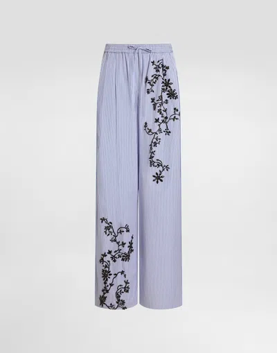 Dolce & Gabbana Striped Poplin Trousers With Flowers Embroidery In Multi