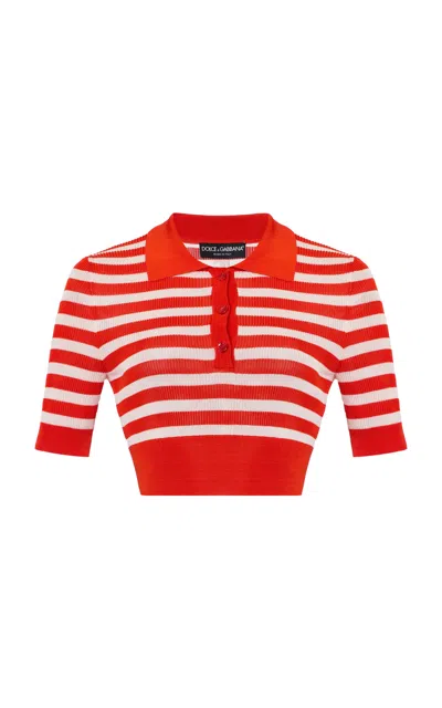 Dolce & Gabbana Striped Ribbed-knit Cropped Polo Shirt