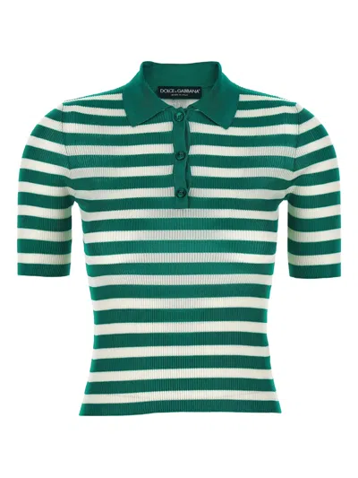 Dolce & Gabbana Striped Ribbed-knit Polo Shirt In Green