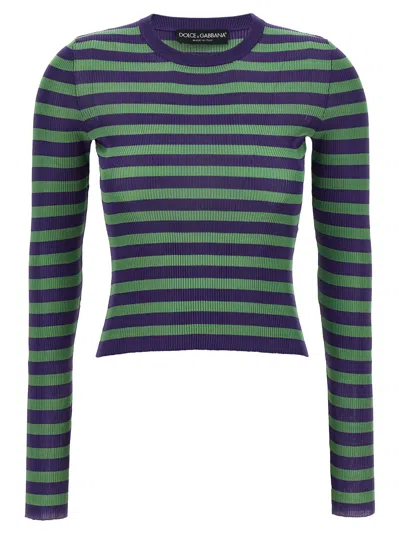 Dolce & Gabbana Striped Ribbed Viscose Sweater In Purple