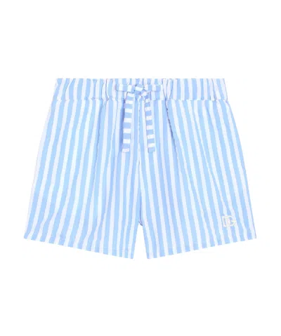 Dolce & Gabbana Striped Seersucker Shorts With Dg Logo In Blue