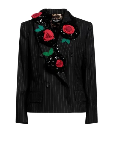 Dolce & Gabbana Striped Sequin Blazer In Black