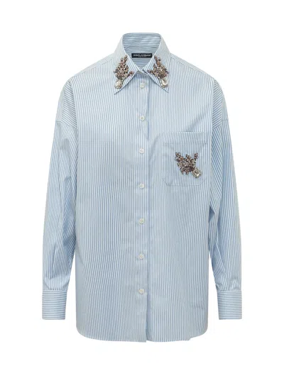 Dolce & Gabbana Striped Shirt With Jewel Accents In Blue